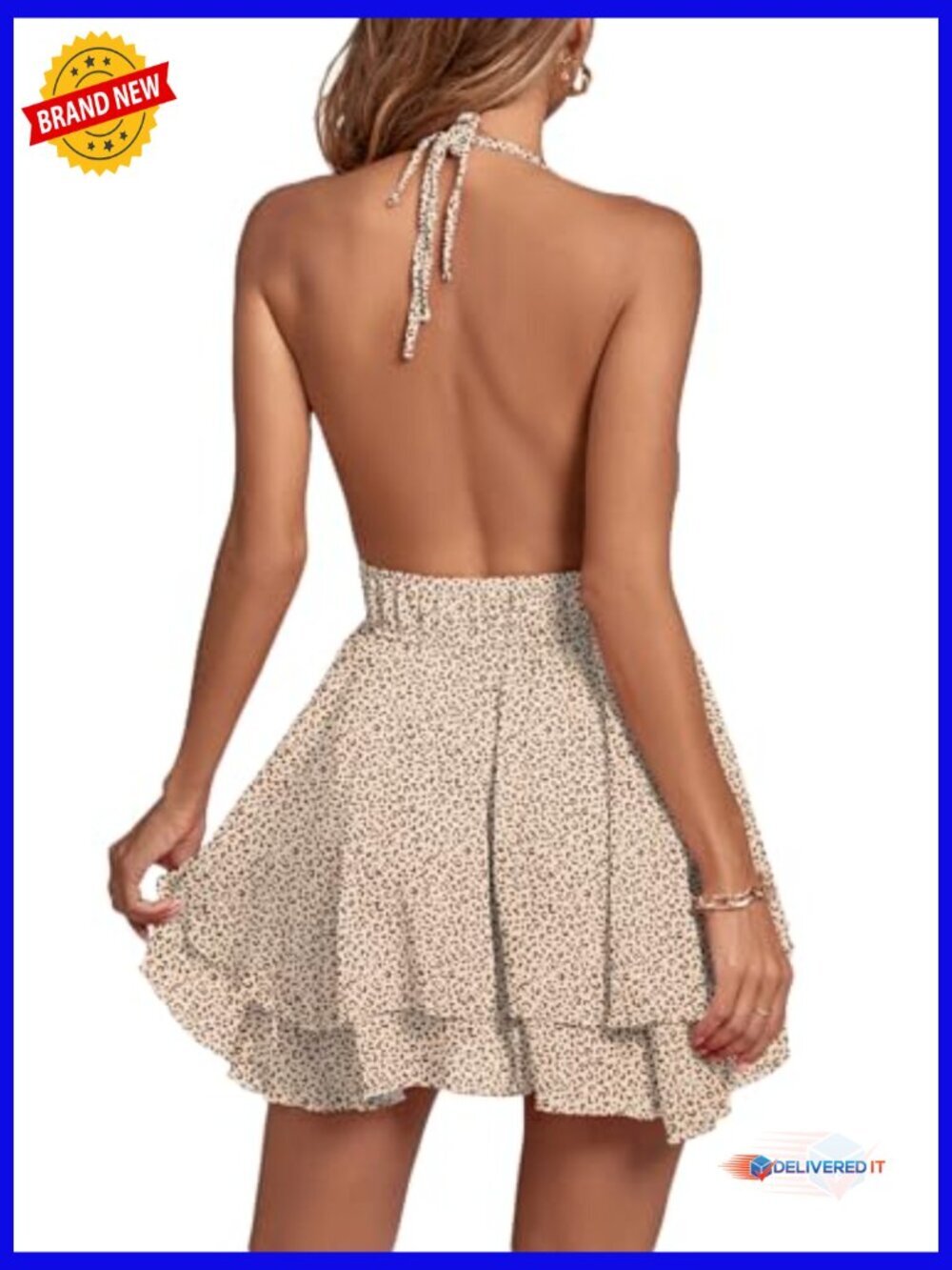 Sleeveless Deep V Neck Backless Ruffle Skater Mini Dress - Picture 2 of 5